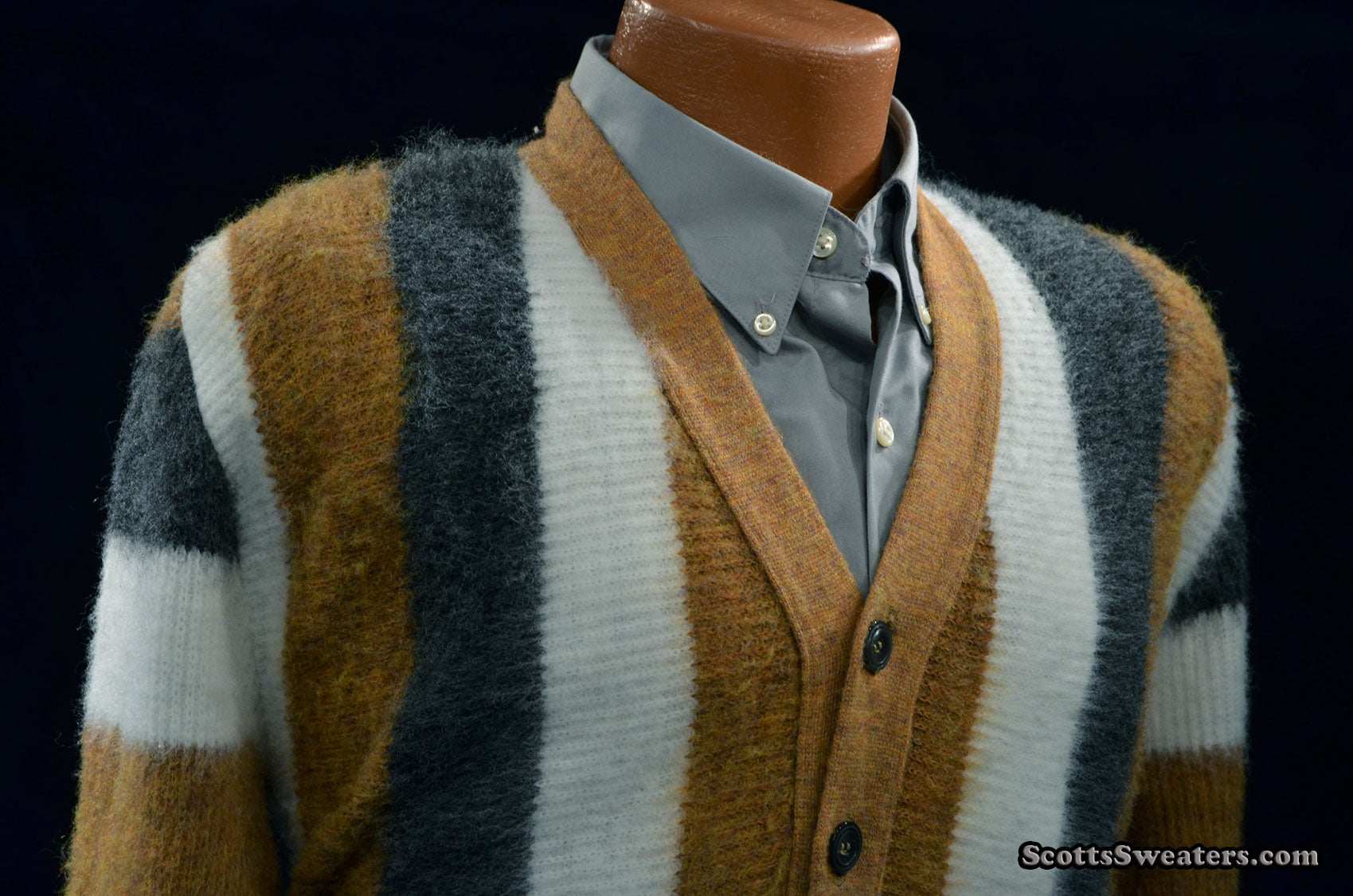 Men's retro striped button-front faux-mohair cardigan sweater in multi-color stripes by Brent, size small 40