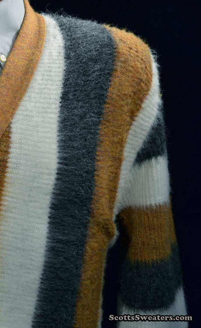 Men's Retro Striped multi-striped button-front faux-mohair cardigan sweater by Brent in size Small (40)