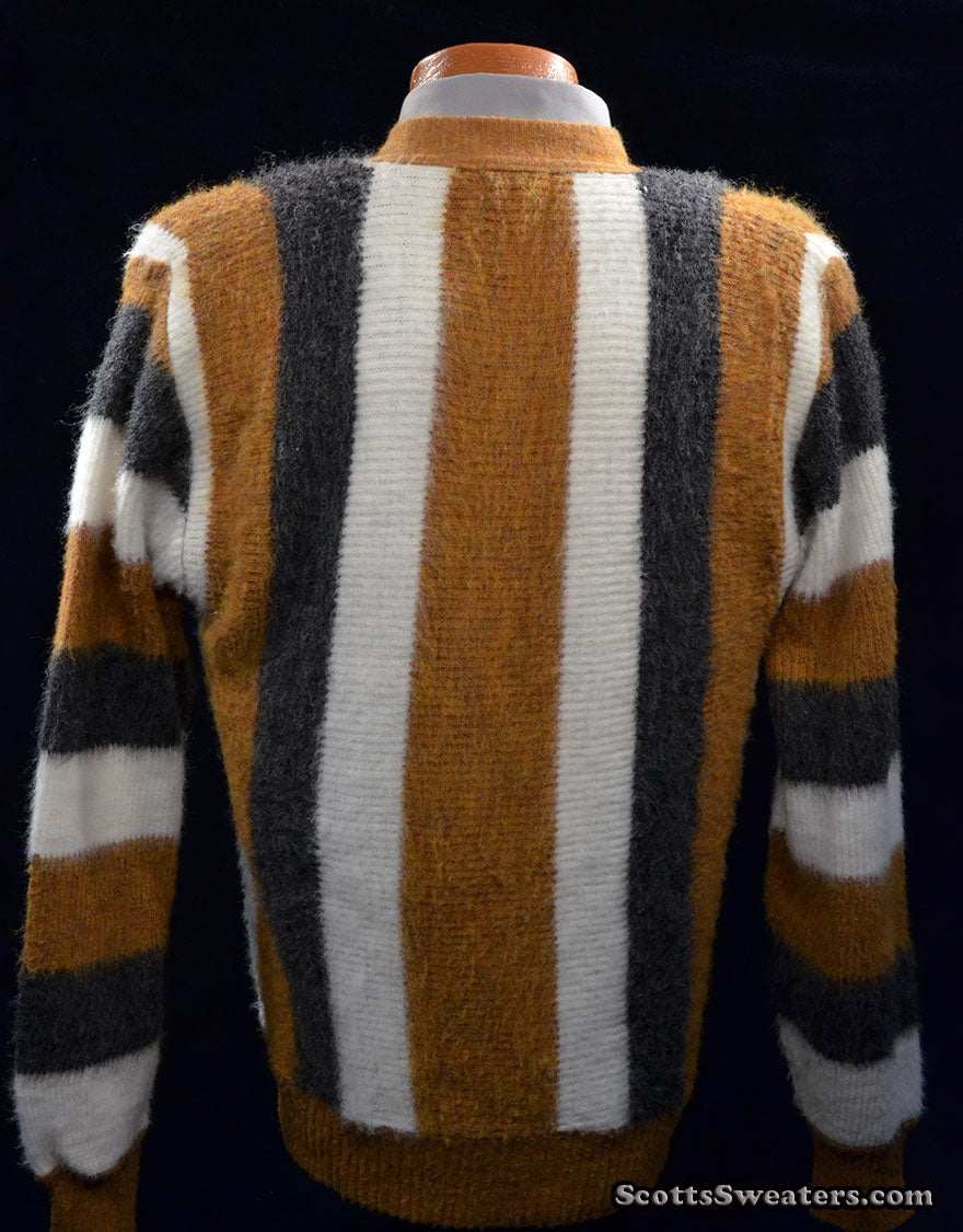 Men's retro striped faux-mohair button-front cardigan sweater by Brent in small size