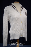 Woman's white cable-knit cardigan with shawl collar and Ralph Lauren crest