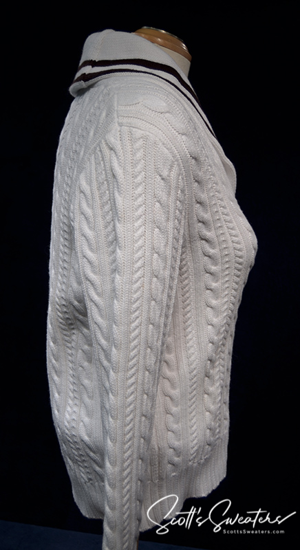 Woman's white cable-knit cardigan sweater with shawl neck collar and striped detail by Ralph Lauren Active