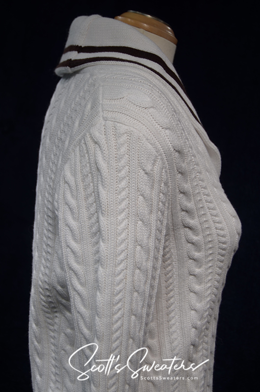 Woman's white cable-knit cardigan with shawl collar and striped trim by Ralph Lauren Active