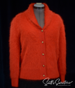 Woman's red angora shawl-neck cardigan sweater with gold buttons by Belldini