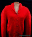 Woman's red angora shawl-neck cardigan sweater with gold buttons by Belldini