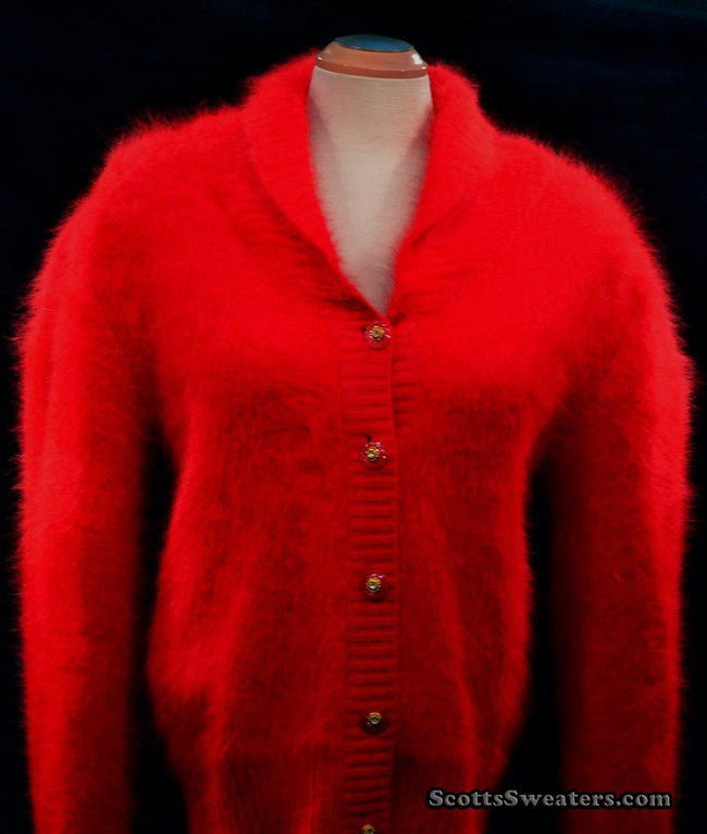 Woman's red angora shawl-neck cardigan sweater with gold buttons by Belldini