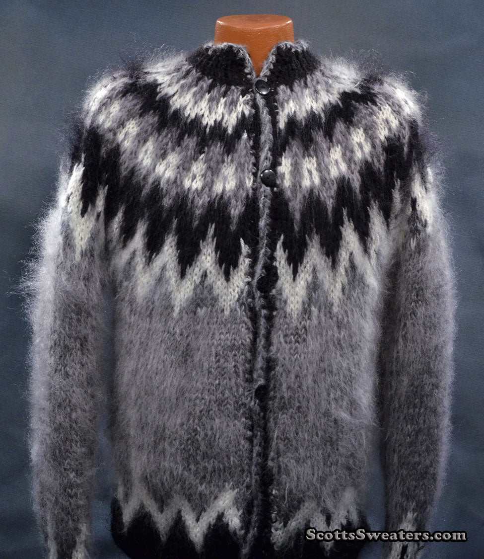 Men's grey cardigan mohair sweater with black and white Icelandic yoke design, hand-knit and button-front, size small.