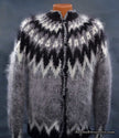 Men's grey cardigan mohair sweater with black and white Icelandic yoke design, hand-knit and button-front, size small.