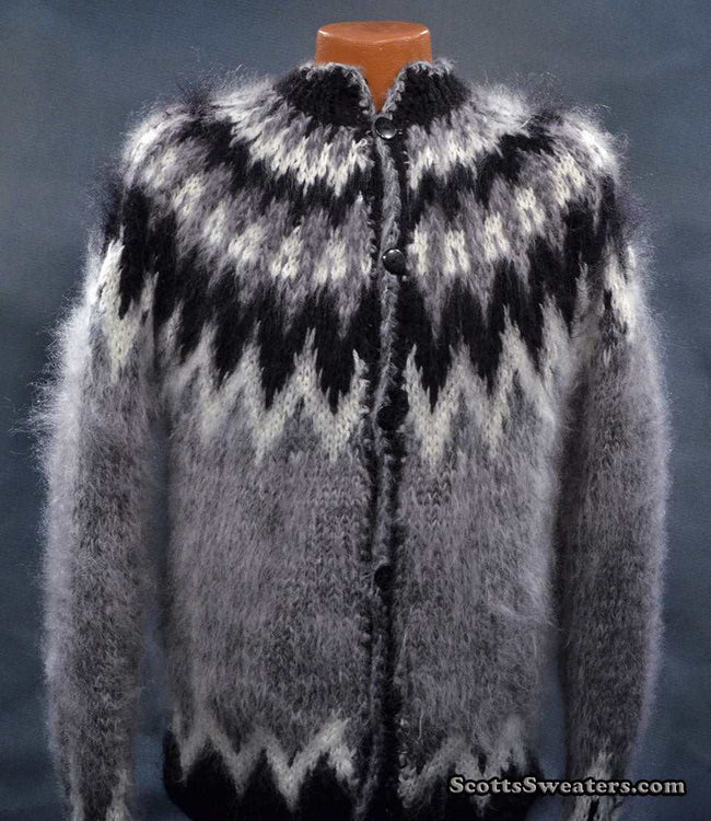 Men's grey cardigan mohair sweater with black and white Icelandic yoke design, hand-knit and button-front, size small.
