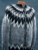 Men's grey mohair cardigan sweater with black and white Icelandic yoke design, hand-knit and button-front, size small