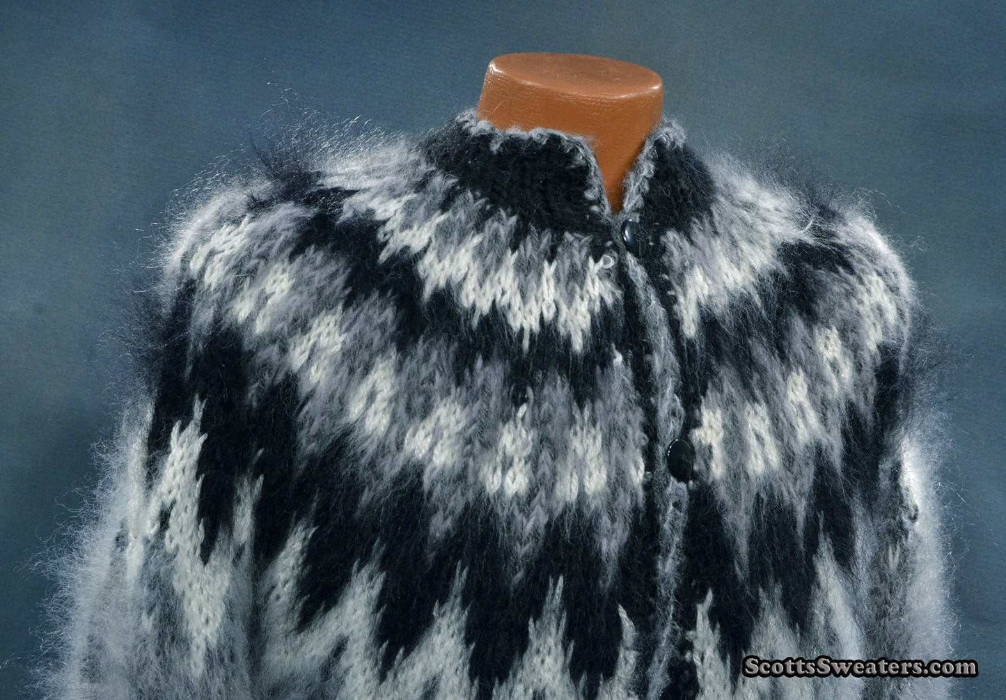 Men's Grey Cardigan Mohair Sweater with black and white Icelandic yoke design