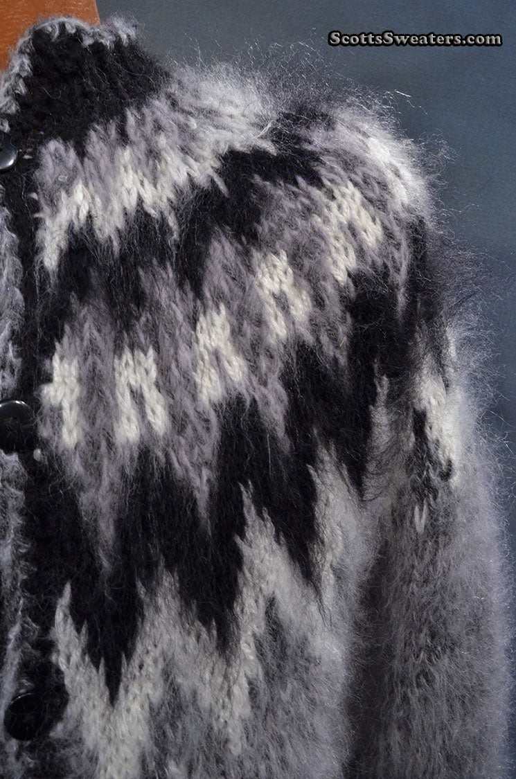 Men's grey mohair cardigan sweater with black and white Icelandic yoke design