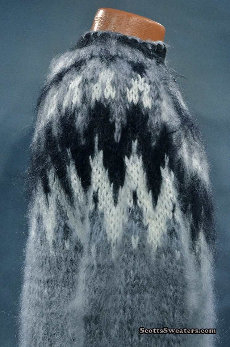 Men's grey cardigan mohair sweater with black and white Icelandic yoke design in size small