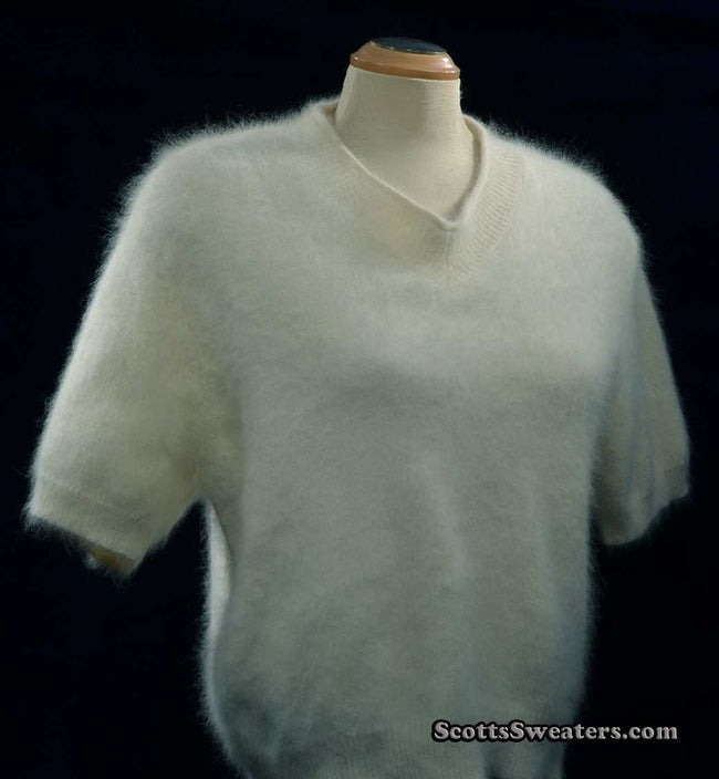 Woman's white short-sleeved V-neck angora sweater by Just Clothes size Small-Medium