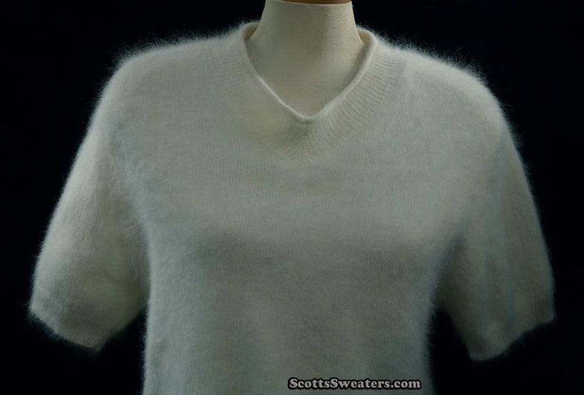Woman's white short-sleeved V-neck angora sweater by Just Clothes Small-Medium size
