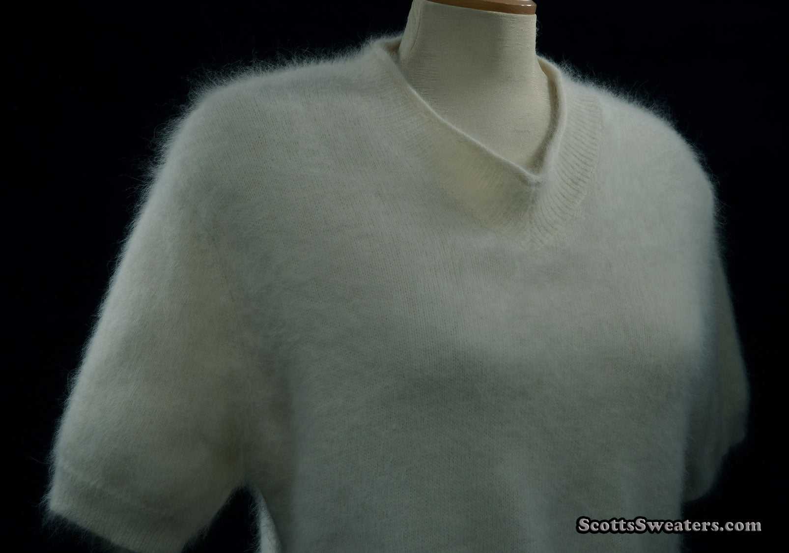Woman's white short-sleeved V-neck angora sweater from Just Clothes in size Small-Medium
