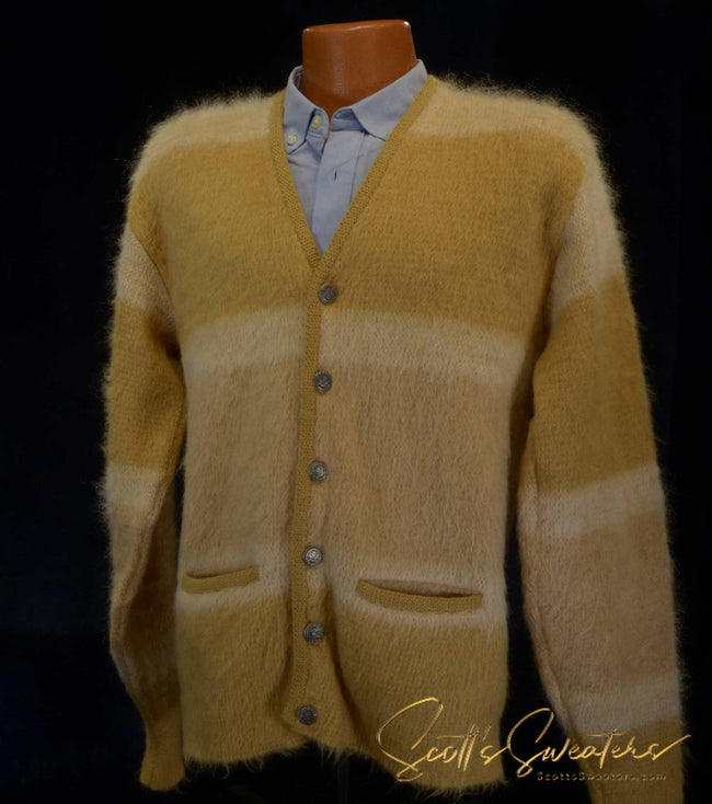 Men's Retro Classic tri-color mohair cardigan sweater with metal coin buttons, size small