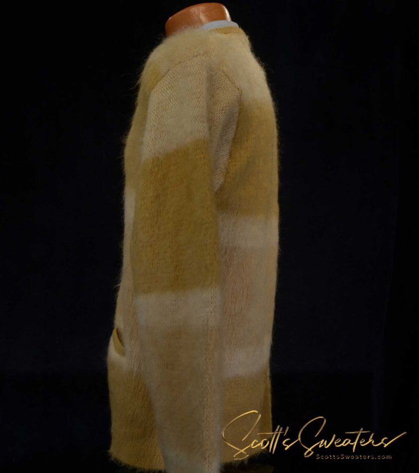 Men's retro classic tri-color mohair cardigan sweater with metal coin buttons, size small