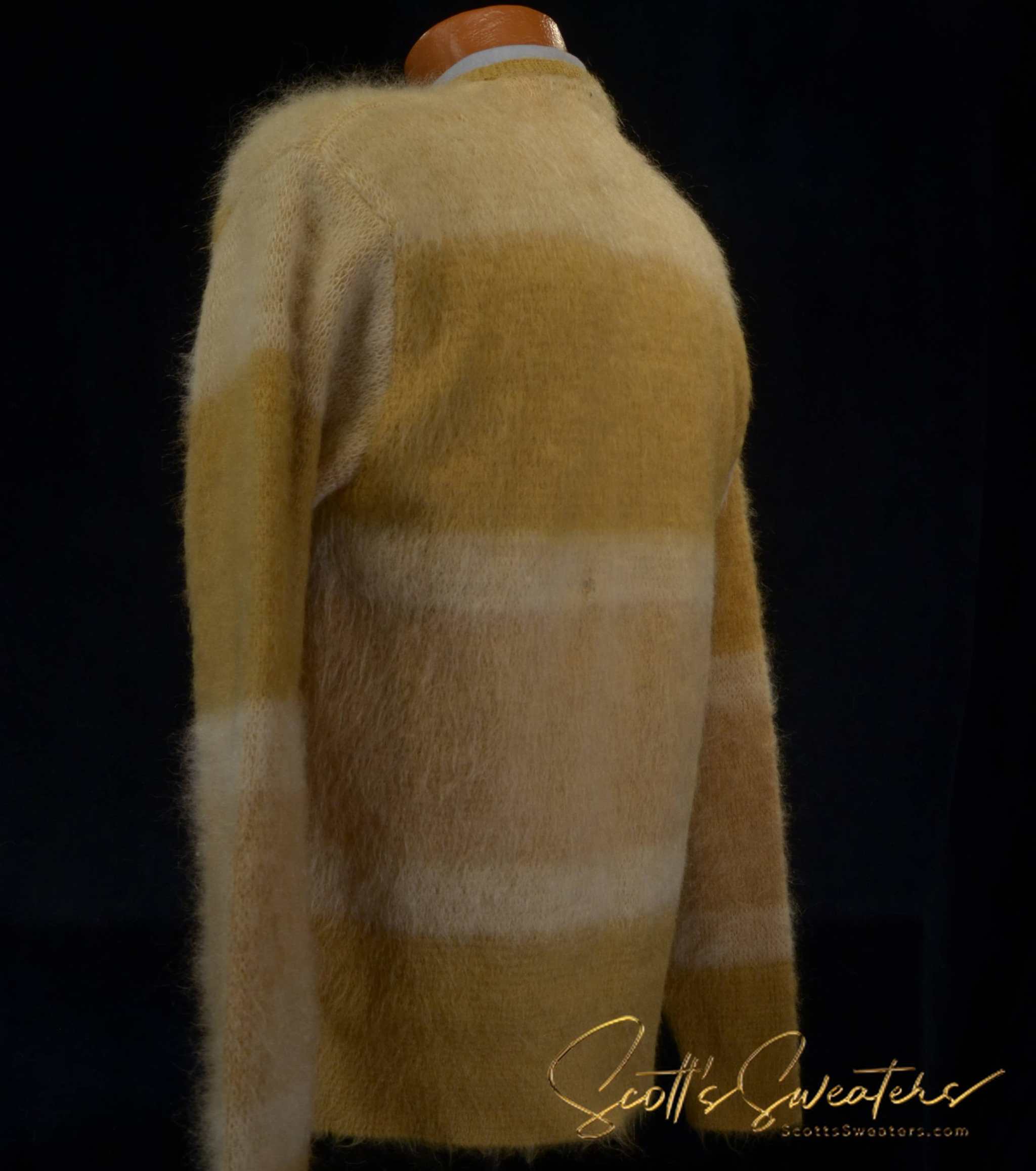 Men's Retro Classic tri-color mohair cardigan sweater with metal coin buttons, size small