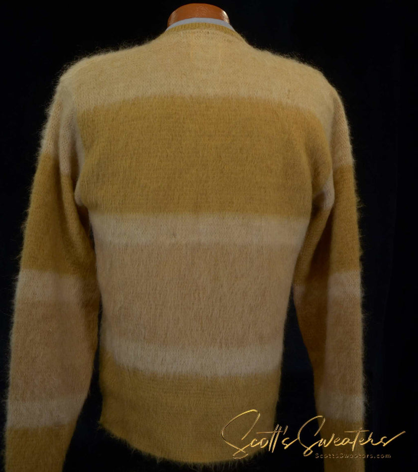 Men's retro classic tri-color mohair cardigan sweater with metal coin buttons, size small