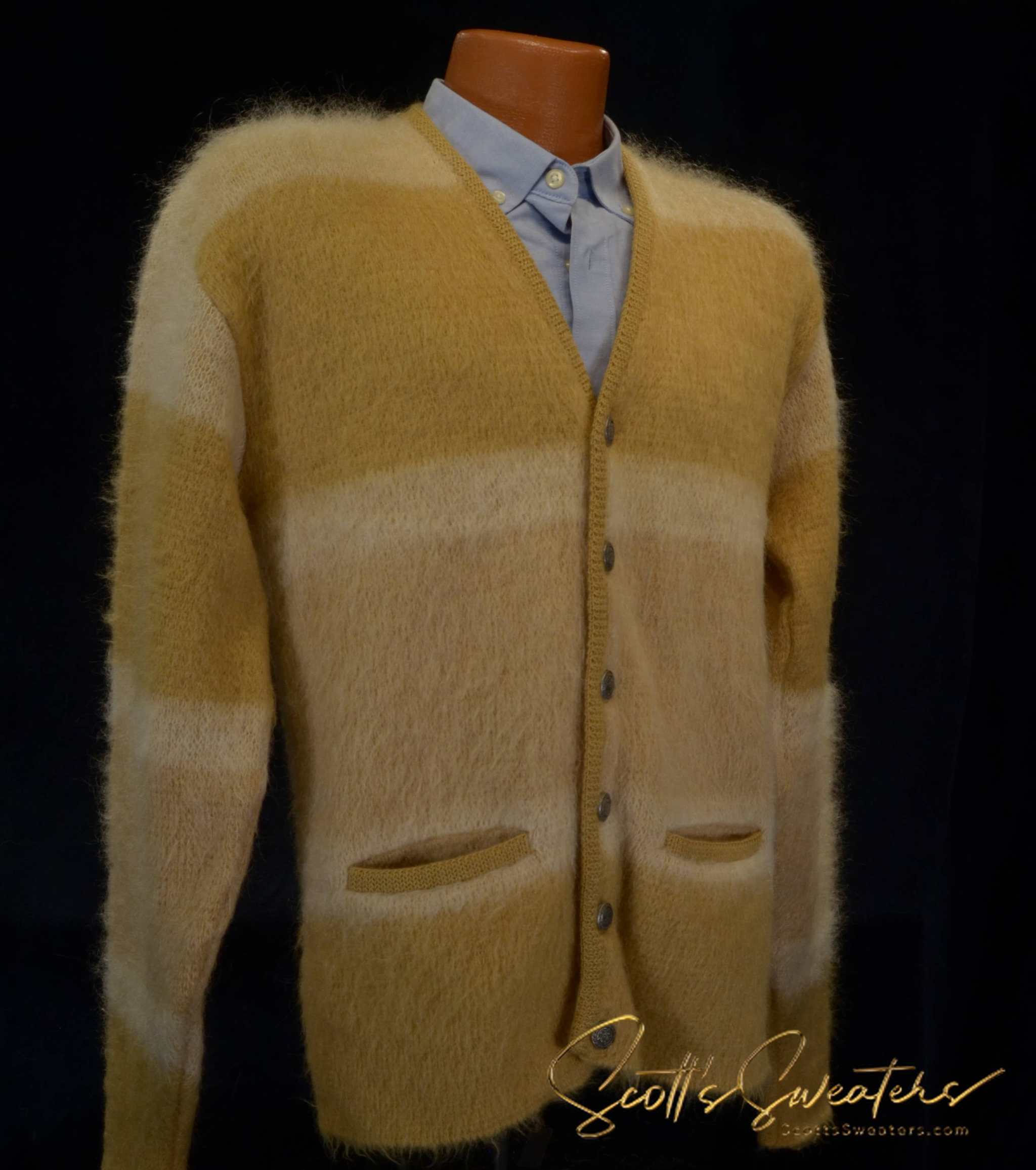 Men's Retro Classic tri-color mohair cardigan with metal coin buttons, size small