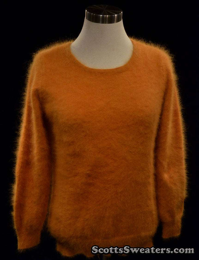 Woman's golden roundneck angora jewel-neck sweater by Scott's Sweaters in soft fuzzy fabric