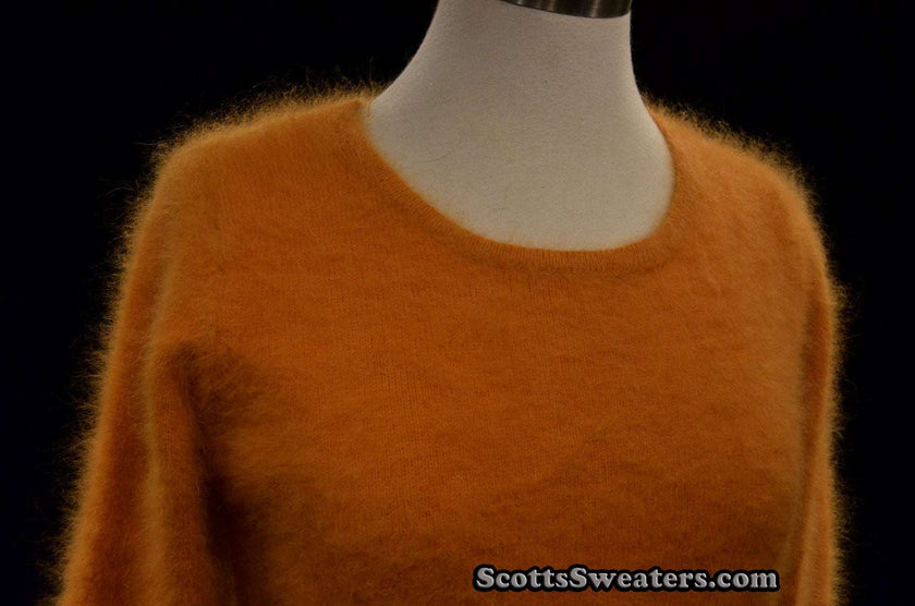 Woman's golden roundneck angora sweater by Scott's Sweaters, soft and fuzzy, size Small-Medium (36-40)