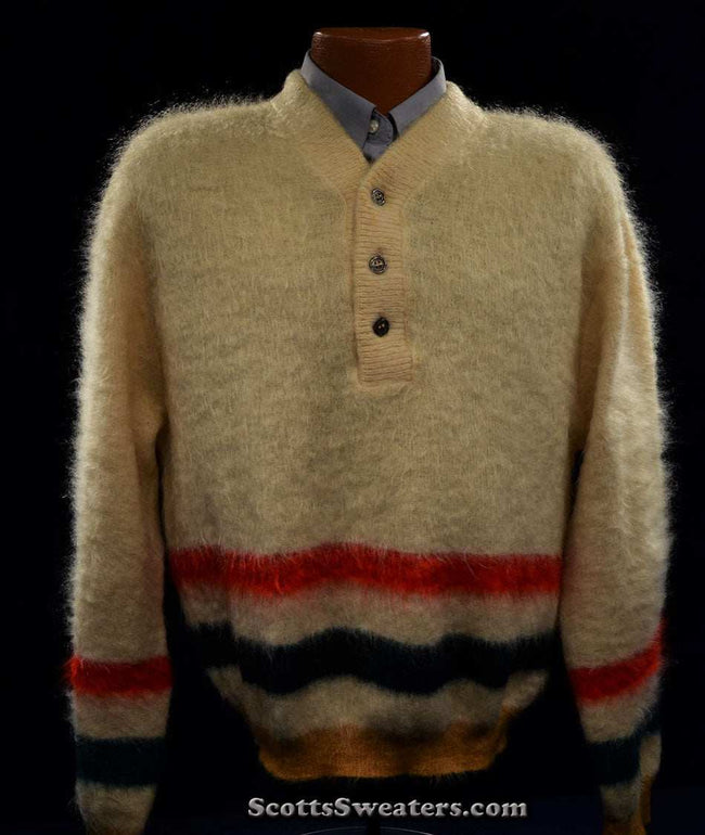 Ivory Retro Shaggy Mohair Henley-neck sweater with Hudson Bay style stripes by h.i.s.