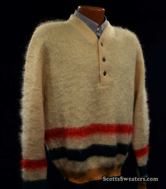 Ivory retro shaggy mohair Henley-neck sweater with red, green, and gold stripes by h.i.s.