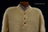 Ivory Retro Shaggy Mohair Henley-neck sweater with red, green, and gold Hudson Bay style stripes by h.i.s.