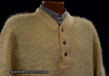 Ivory Retro Shaggy Mohair Henley-neck sweater with red, green, and gold stripes by h.i.s.
