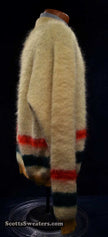 Ivory retro shaggy mohair Henley-neck sweater with red green gold stripes by h.i.s size large