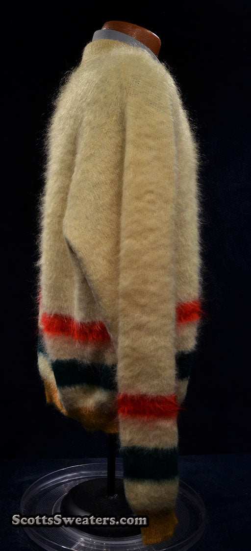 Ivory retro shaggy mohair Henley-neck sweater with red green gold stripes by h.i.s size large