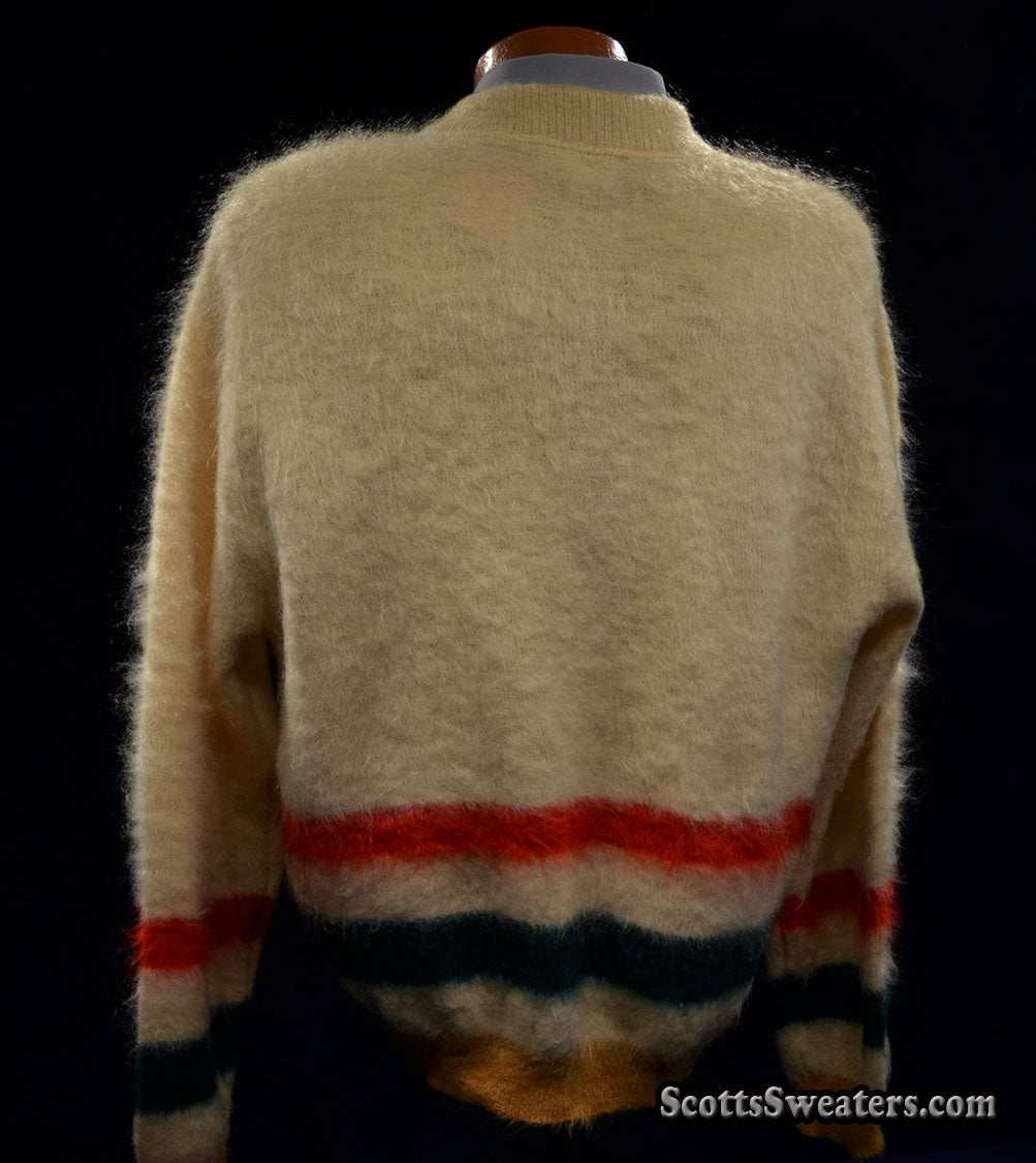 Ivory retro shaggy mohair Henley-neck sweater with red, green, and gold stripes by h.i.s.