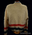 Ivory retro shaggy mohair Henley-neck sweater with red, green, and gold stripes by h.i.s.