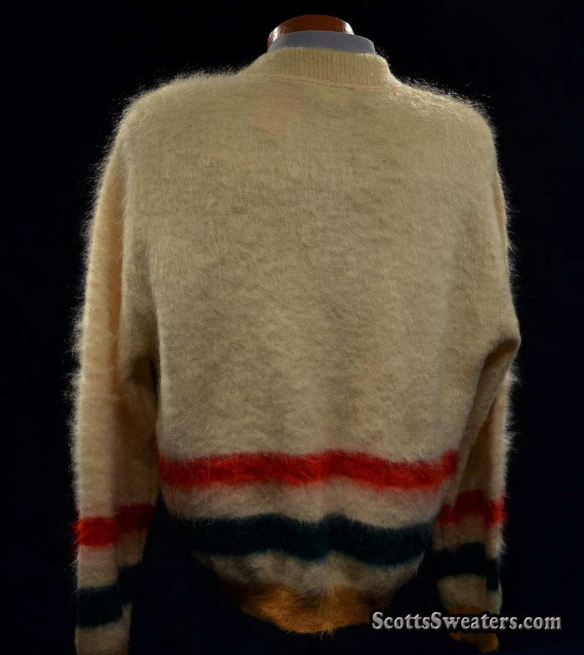 Ivory retro shaggy mohair Henley-neck sweater with red, green, and gold stripes by h.i.s.