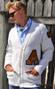 Retro classic men's white letterman cardigan sweater with patches and buttons, size small