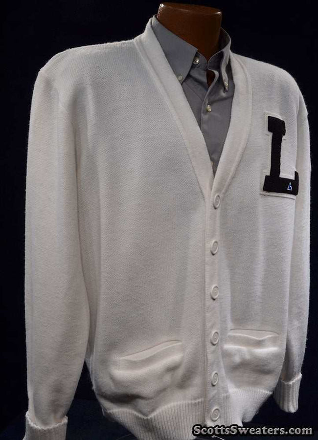 White retro cardigan letterman sports sweater with 