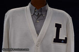 White retro cardigan letterman sports sweater with 