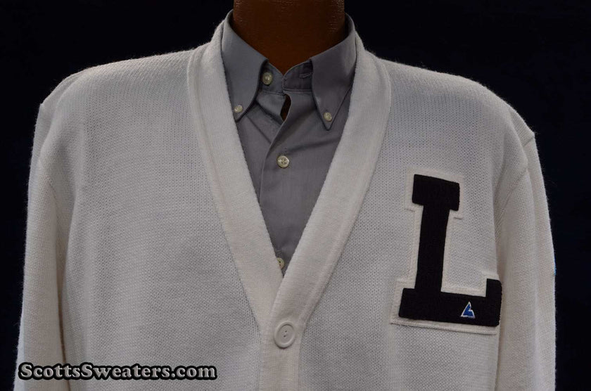 White retro cardigan letterman sports sweater with 