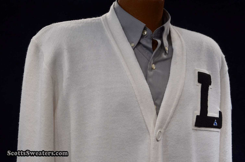 White retro cardigan letterman sports sweater with 