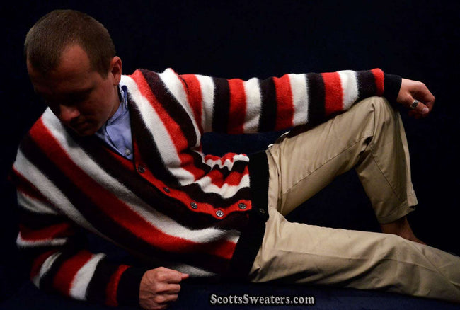 Men's Retro Cardigan Colorful Striped Faux-Mohair Sweater