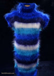 Woman's boldly striped sleeveless cowlneck mohair sweaterdress in bright multi-stripes by Scott's Sweaters