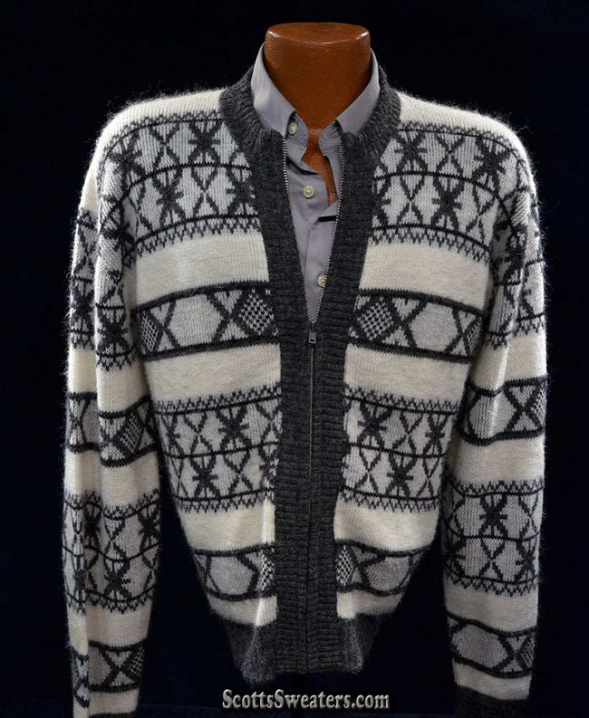 Men's Retro Zipper-front white faux-mohair cardigan with black geodesic design by Campus
