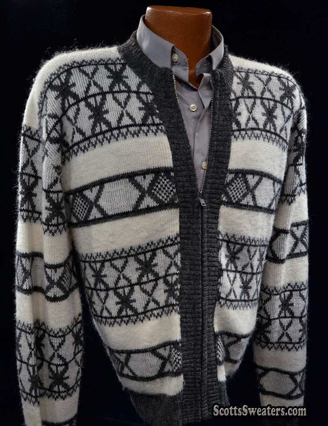 Men's retro zipper-front white faux-mohair cardigan sweater with black geodesic design by Campus, size Small-Medium (42-44)