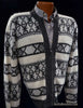 Men's retro zipper-front white faux-mohair cardigan sweater with black geodesic design by Campus, size Small-Medium (42-44)