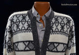 Men's retro white zipper-front faux-mohair cardigan sweater with black geodesic design by Campus, size Small-Medium 42-44