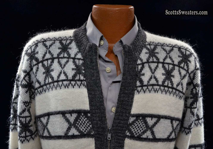 Men's retro white zipper-front faux-mohair cardigan sweater with black geodesic design by Campus, size Small-Medium 42-44
