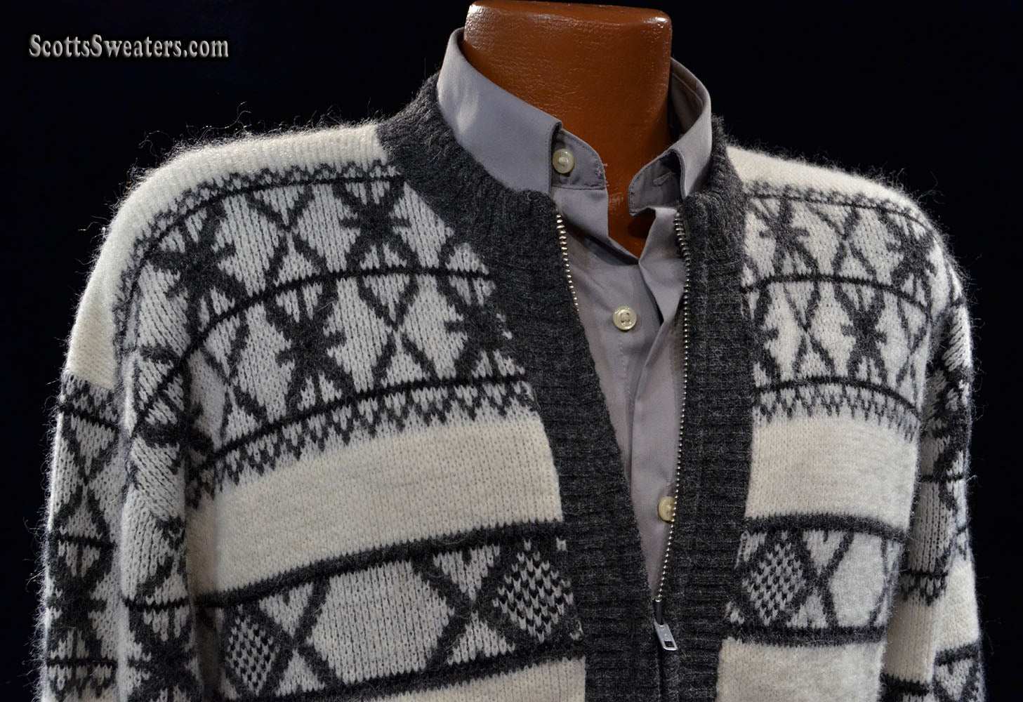 Men's retro zipper-front white and black faux-mohair cardigan sweater with geodesic design by Campus in size Small-Medium