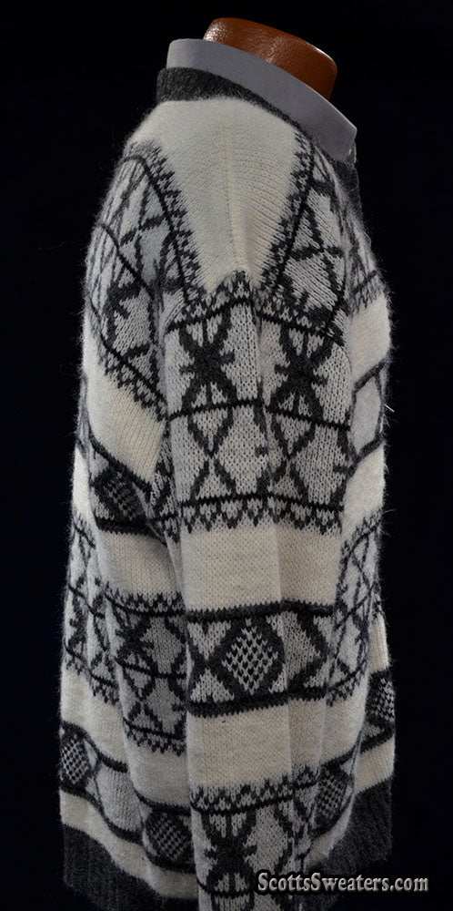 Men's retro white zipper-front cardigan sweater with black geodesic design by Campus in small-medium size