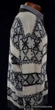 Men's retro white zipper-front cardigan sweater with black geodesic design by Campus in small-medium size